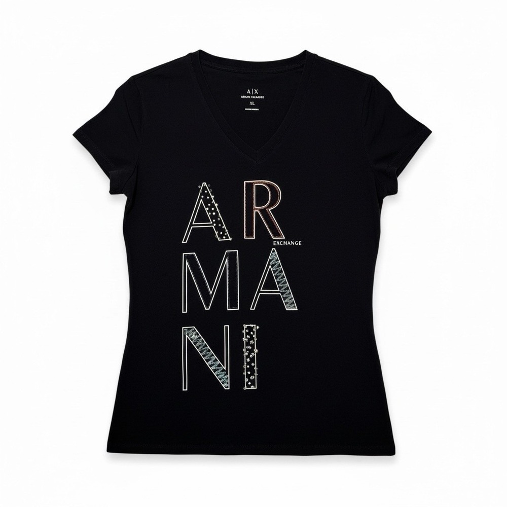 Armani‎ Exchange AX Logo V-Neck Tee Black Rhinestone Graphic XL Stretch Luxury